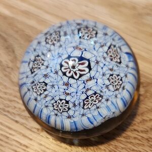 Murano Millefiori Blue and White Glass Paperweight Handmade Italy Decorative